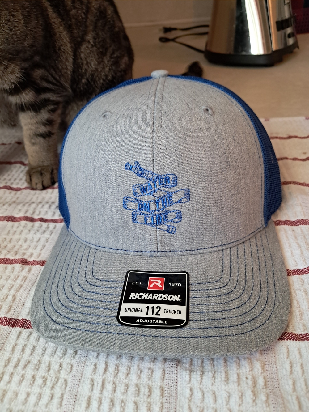 Gray and Blue Trucker Hat - Water on the Fire Embroidered